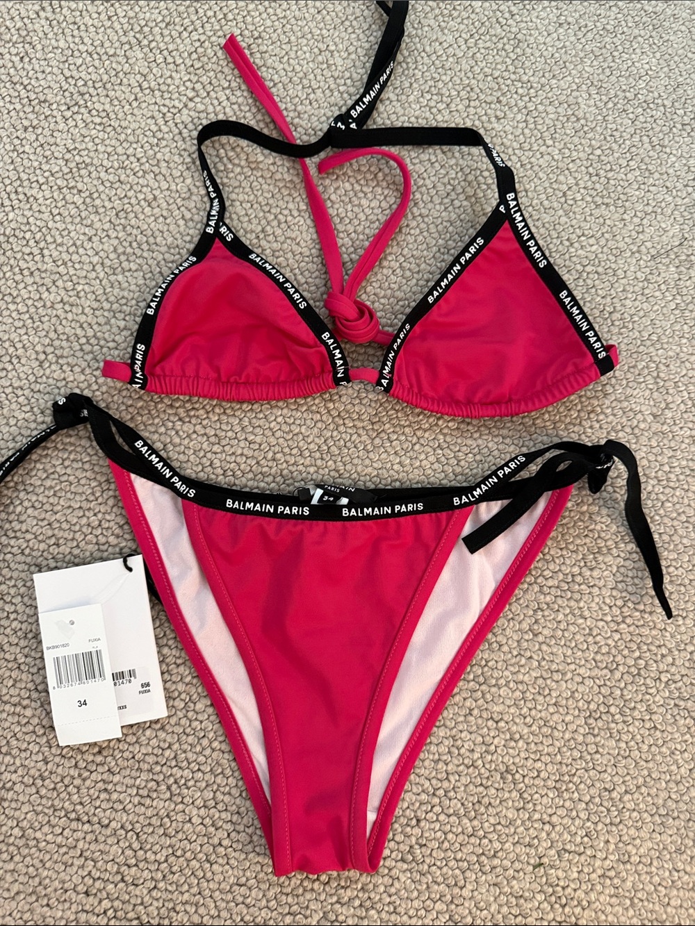 Balmain Pink Triangle Bikini with Black Logo Trim